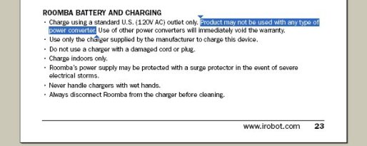 Manual page of the iRobot Roomba warning not to use external power converters.